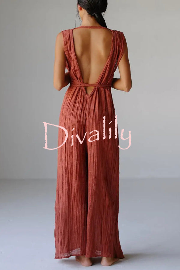 Resort Style V-neck Tie Pleated Casual Jumpsuit