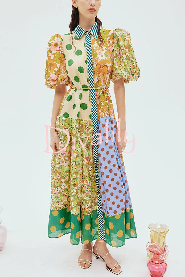 Linen Blend Unique Print Lapel Puff Sleeve Casual Midi Dress