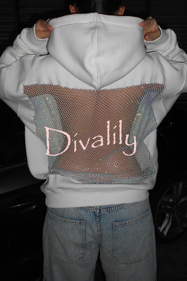 Fashionable Shiny Mesh Hollow Back Loose Long-sleeved Hooded Sweatshirt