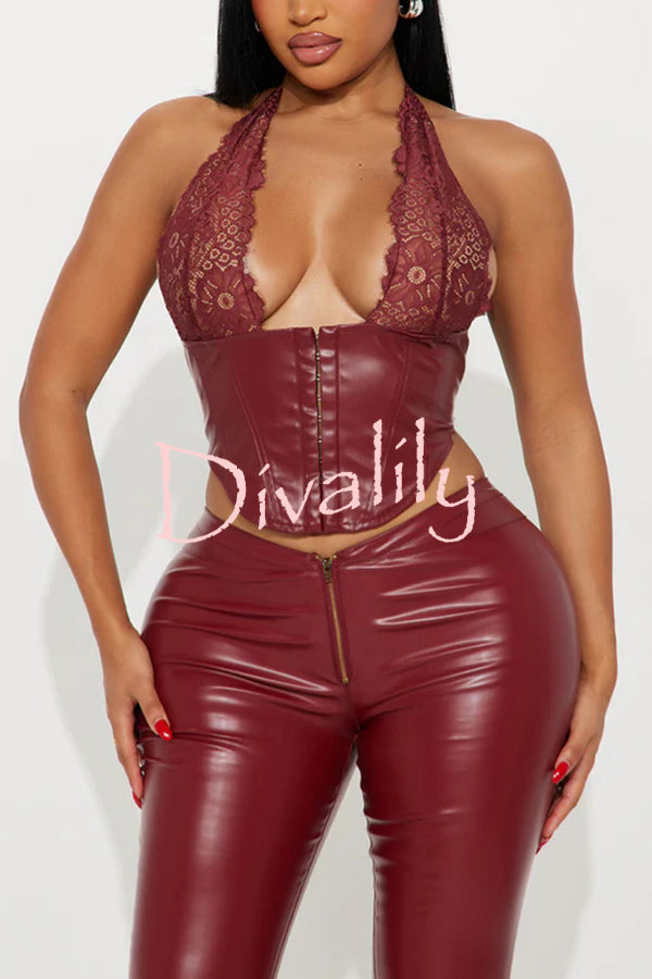 Style Challenge Stretch Faux Leather Lace Halter Tank and Zipper Waist Flare Pants Set