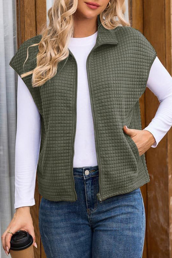 Solid Waffle Sleeveless Zipper Pocket Casual Vest