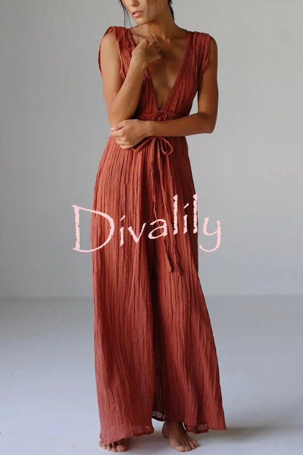Resort Style V-neck Tie Pleated Casual Jumpsuit