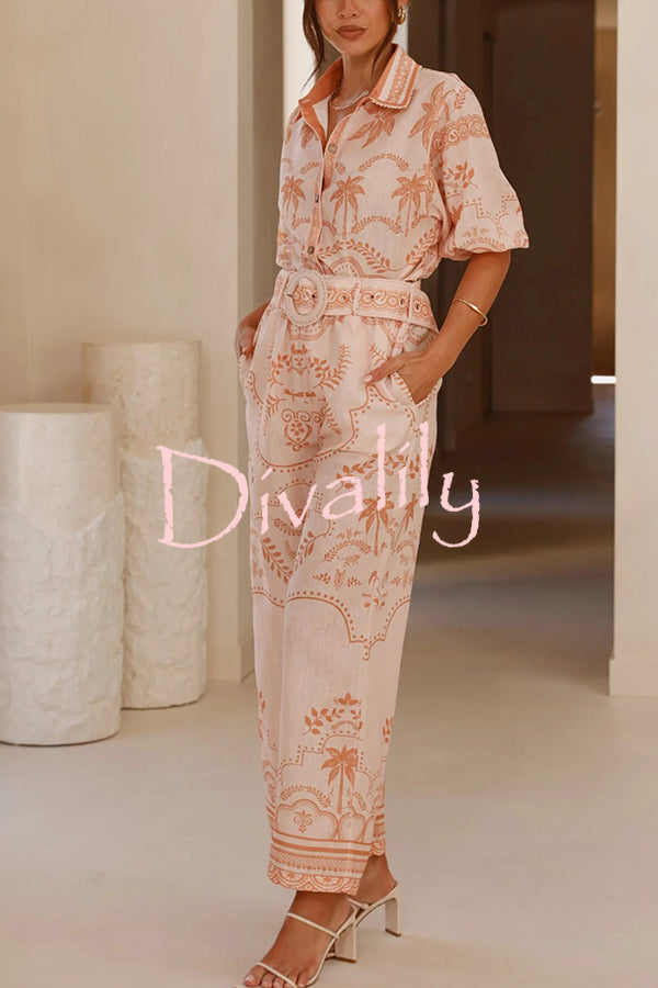 Linen Blend Lapel Puff Sleeve Loose Shirt and Casual Pocket Straight Pants Set