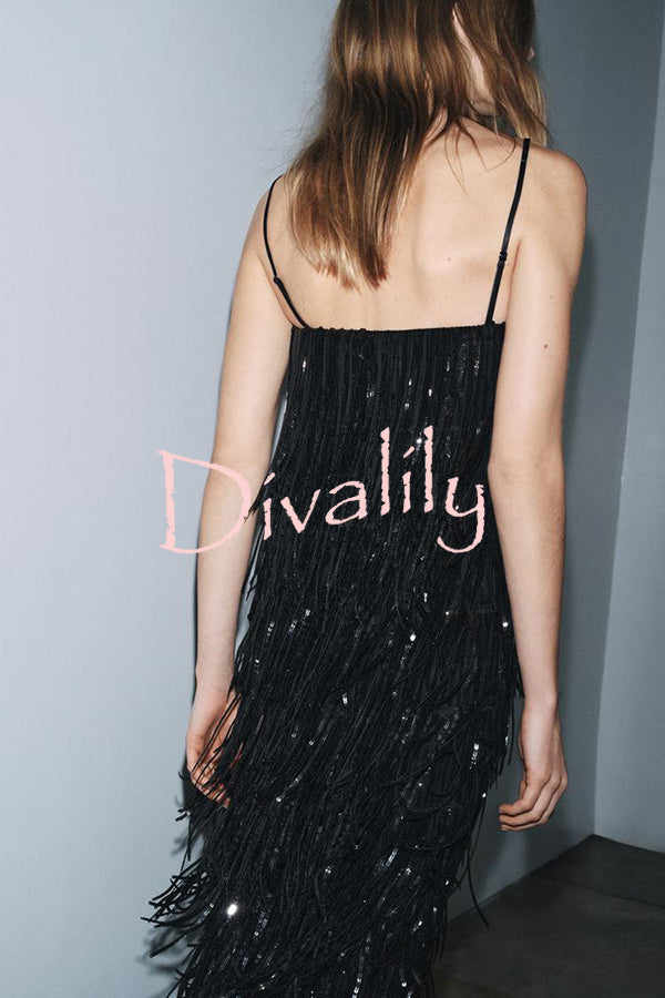 Chic Celebration Layered Sequined Tassels Slip Strapless H-line Midi Dress