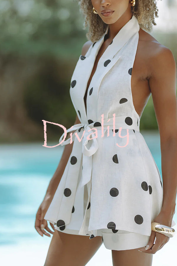 Gabby Linen Blend Polka Dot Tie-up Lapel Halter Vest and Metal Ring Belt Loose Shorts Set