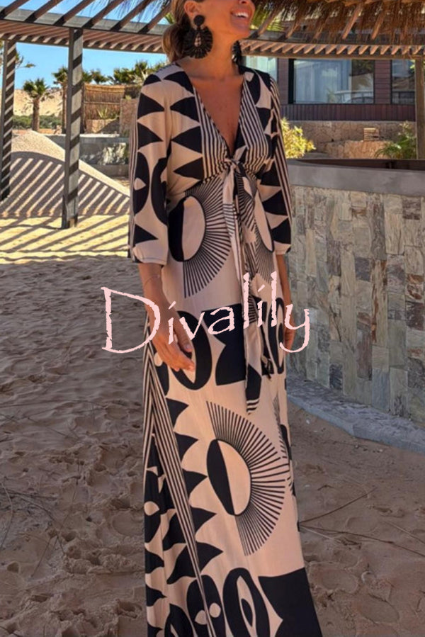 Unique Print V-Neck Tie Loose Pocket Casual Maxi Dress