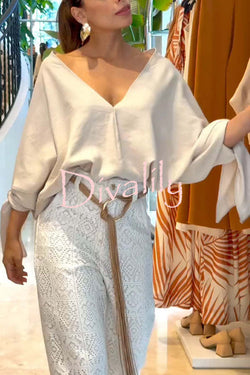 Joyful Bond Linen Blend V-neck Knotted Cuff Half Sleeve Loose Top