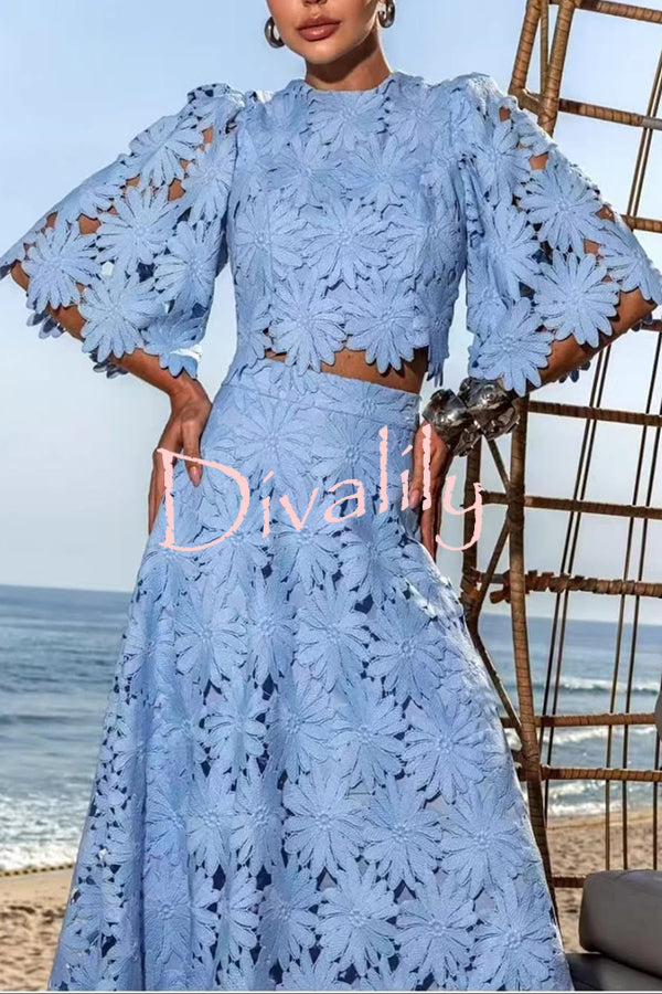 Elegant Embroidered Hollow Flowers Bell Sleeve Top and Full Hem Maxi Skirt Set