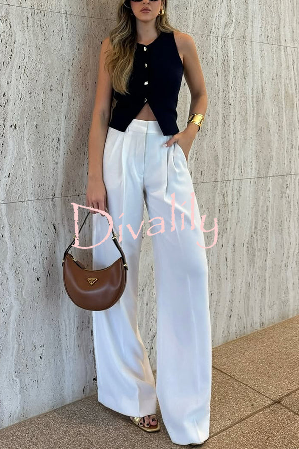 Solid Color Waist Pocket Loose Wide Leg Pants