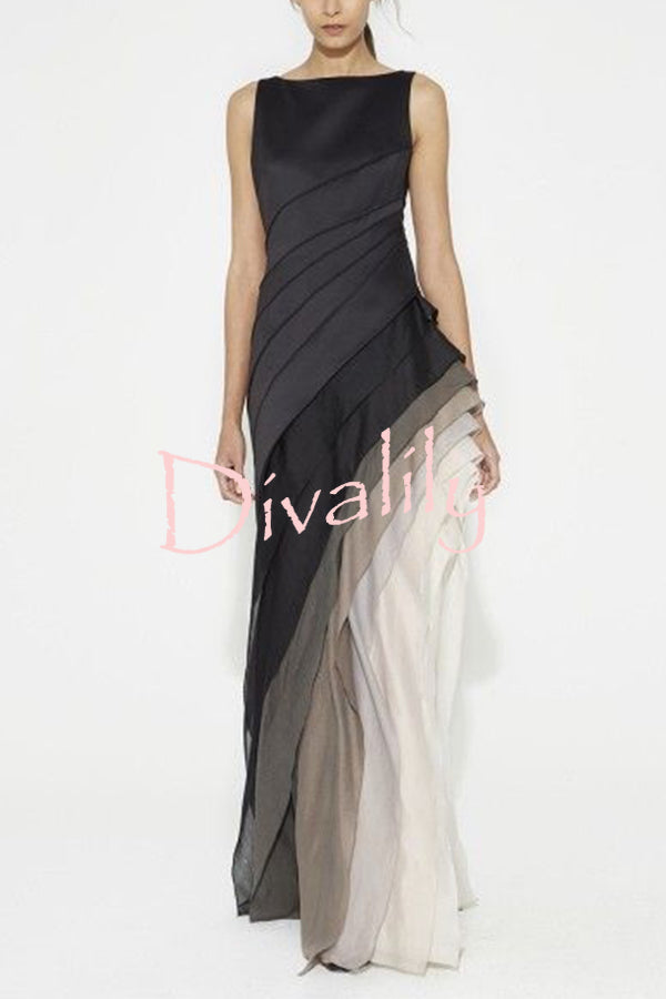 Elegant and Mysterious Tulle Gradient Cascading Design Gown Maxi Dress