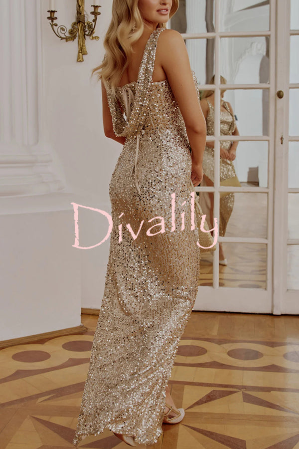 Glitzy Gala Sequin Draped Neckline Back Tie-up Ruched Slit Maxi Dress