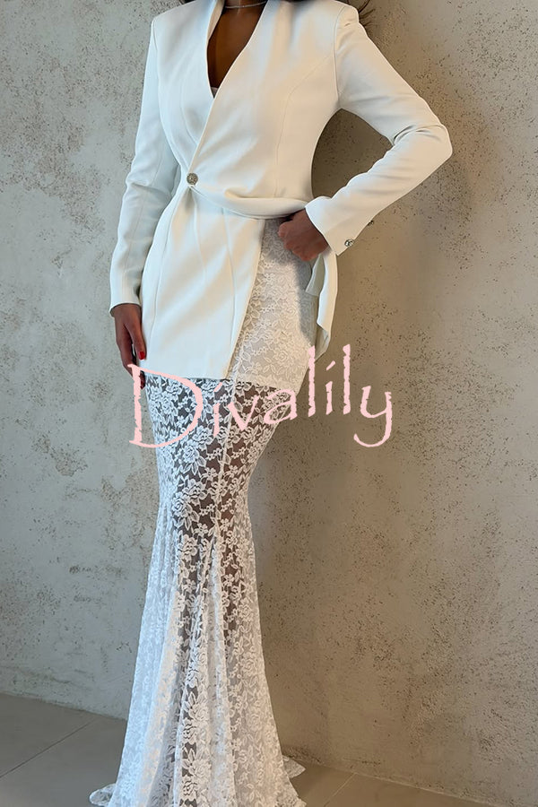 Poetic Muse Floral Lace High Rise Elastic Waist Fishtail Hem Maxi Skirt