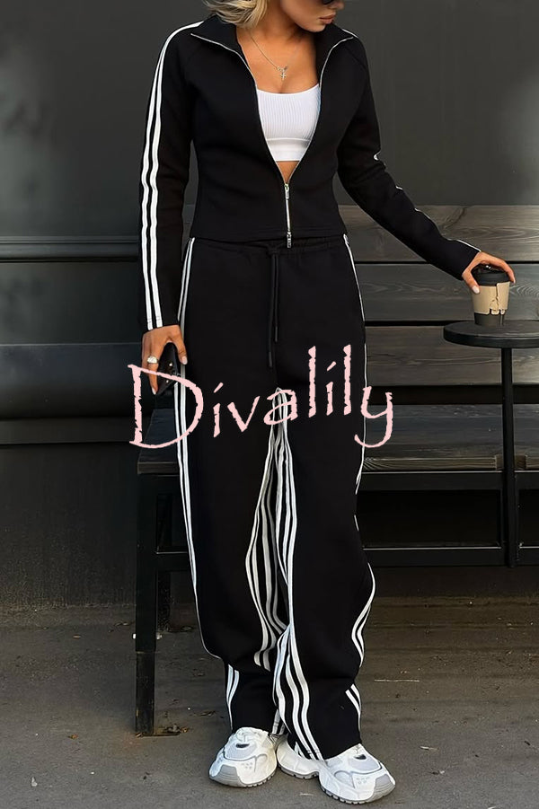 Fashionable Sports Style Striped Long-sleeved Jacket and Elastic Waist Casual Pants Set