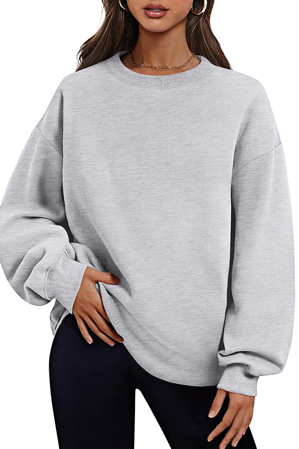 Solid Color Round Neck Pocket Loose Warm Long Sleeve Sweatshirt