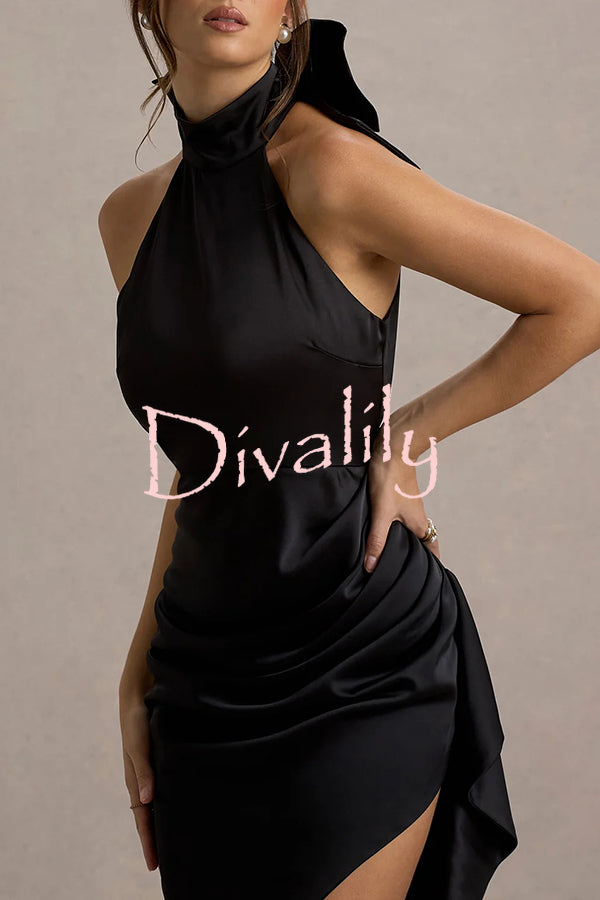 Maureen Satin High Neck Ruched Ruffle Slit Draped Maxi Dress