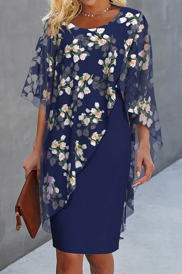 Chiffon Floral Print Crew Neck Casual Mini Dress