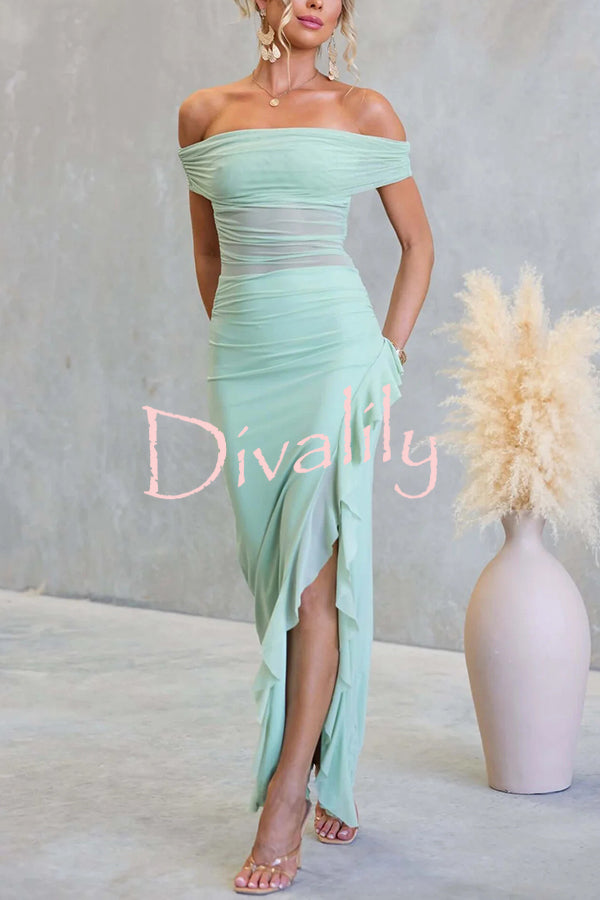 Sexy Mesh Off-shoulder Slim Fit Ruffled Slit Maxi Dress