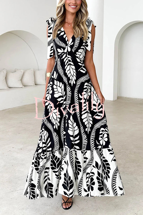 Unique Printed V-neck Sleeveless Lace-up Waist Maxi Dress