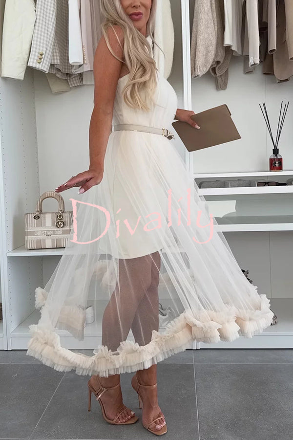 Fairytale Charm Tulle Off Shoulder Ruffles Trim A-line Midi Dress