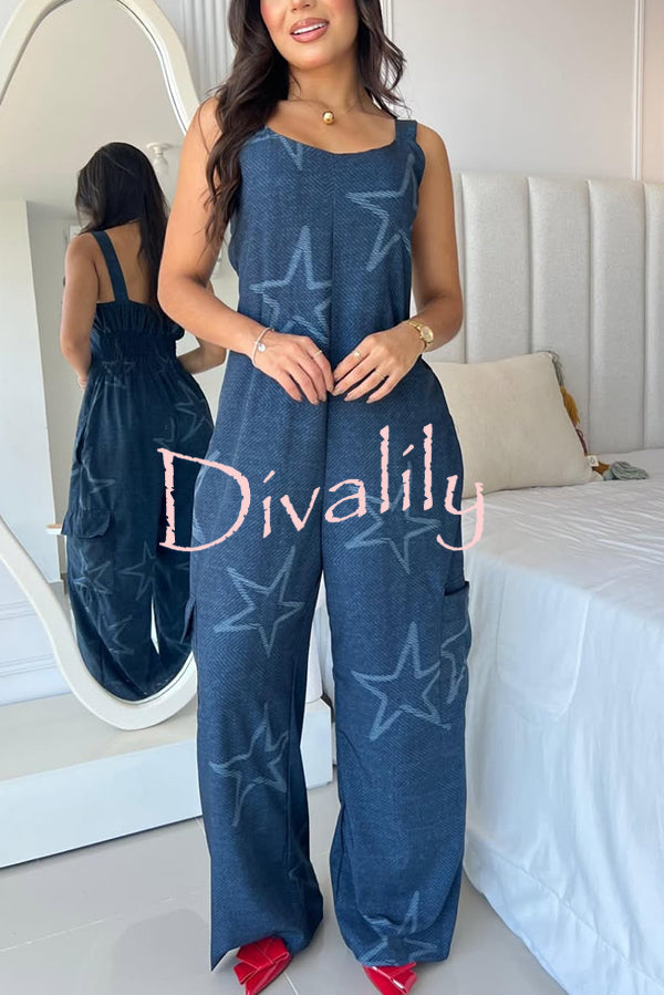 Fashion Cartoon Print Loose Round Neck Back Pleated Casual Pocket Wide Leg Jumpsuit