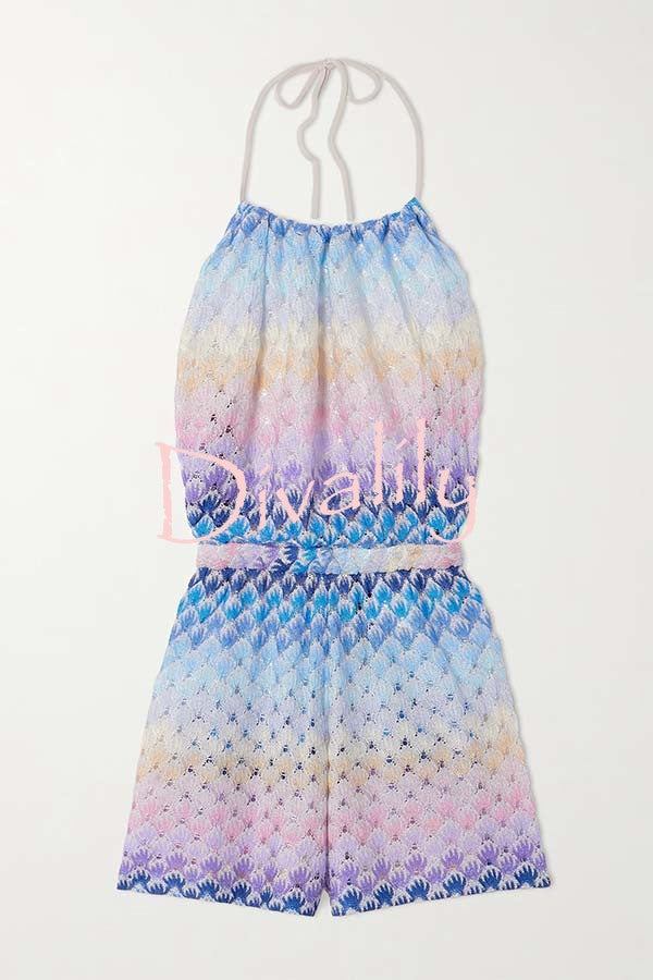 Wave Waves Knit Colorful Zigzag Pattern Halter Neck Backless Loose Romper