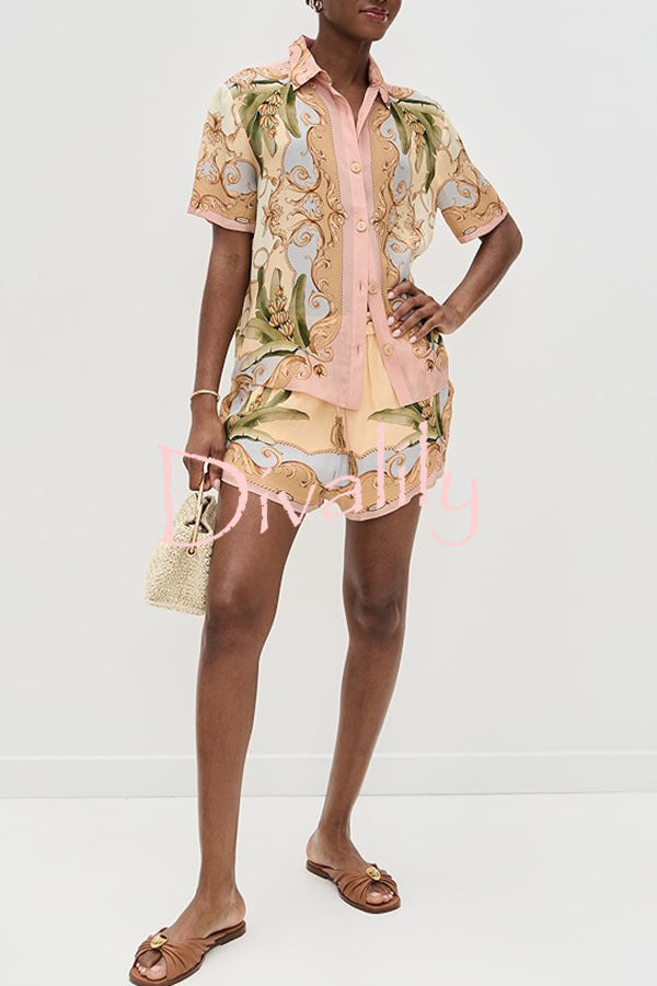 Royalty Unique Print Button Up Short Sleeve Shirt and Elastic Waist Pocketed Loose Shorts Set