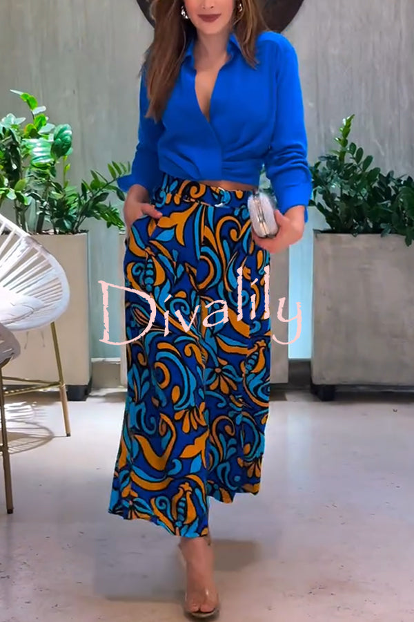 Ocean Heart Linen Blend Printed Ruched Hem Blouse and Belted High Rise Pocket Loose Pants Set