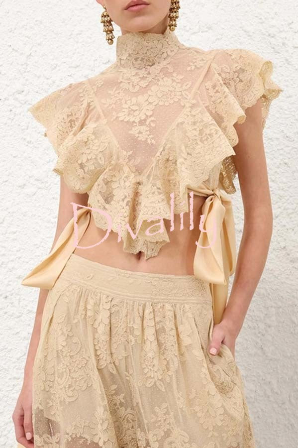 Salenia Lace Appliqué High Neck Side Tie-up Ruffle Cropped Top