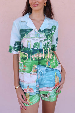 Pool Parties Linen Blend Unique Print Short Sleeve Shirt and Elastic Waist Pocket Shorts Set