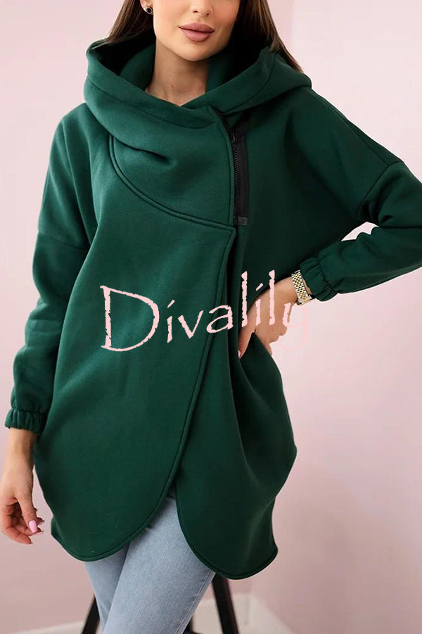 Solid Color Loose Hooded Zip-up Casual Sports Jacket