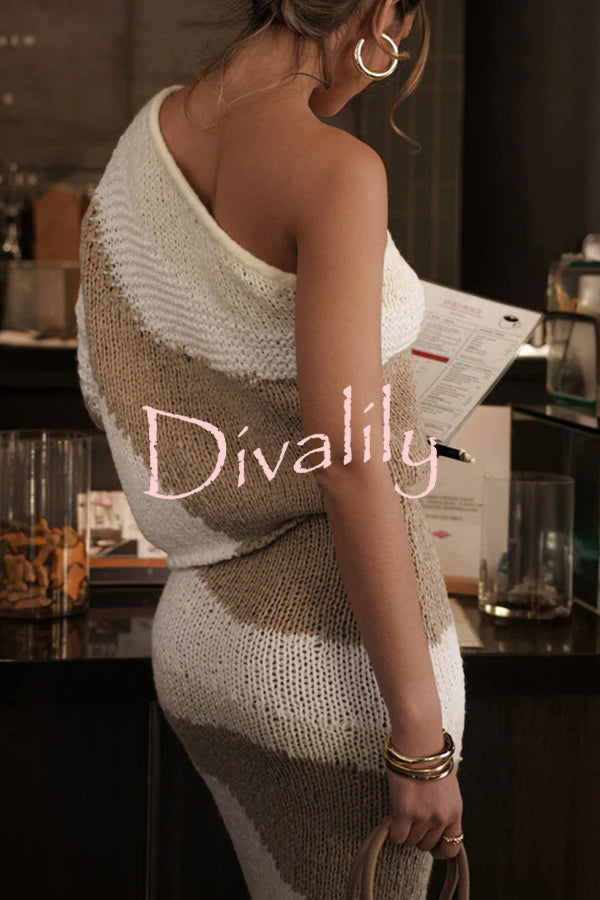 Soft Autumn Knit Colorblock One Shoulder Sleeve Ribbed Trim Loose Sweater