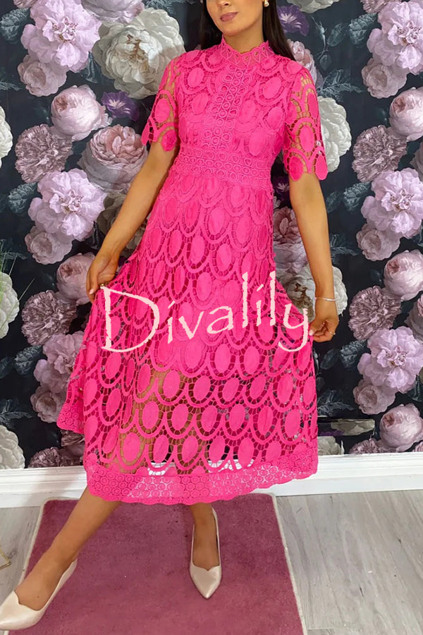 Elegant Crocheted Cutout Lace Short-sleeved Stand-collar Midi Dress