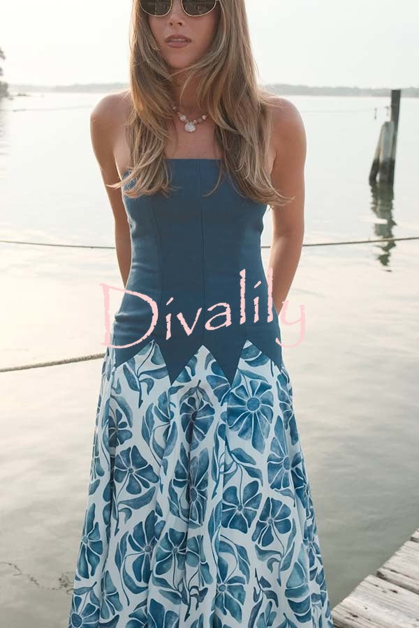 Dottie Colorblock Floral Print Drop Waist Gathered Strapless Maxi Dress
