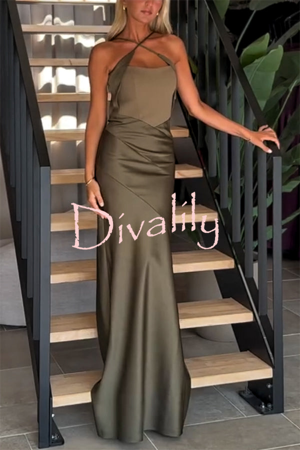 Dreya Satin Patchwork Cross Shoulder Straps Gown Maxi Dress