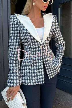 Sensibly Chic Houndstooth Tweed Fabric Long Sleeve Lapel Blazer