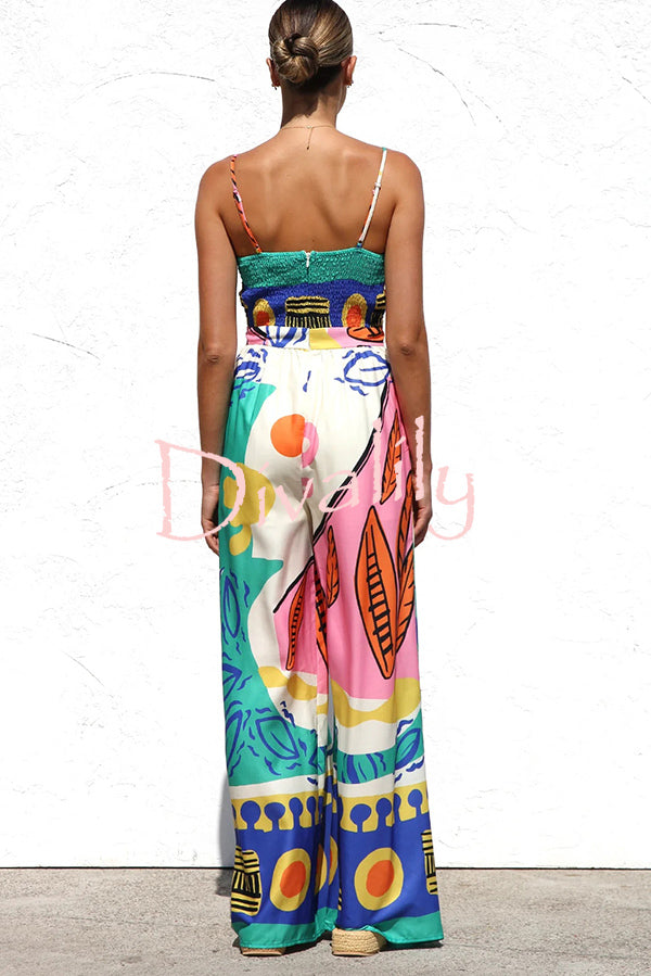 Unique Printed Back Pleated Suspenders Loose Pocket Wide-leg Jumpsuit