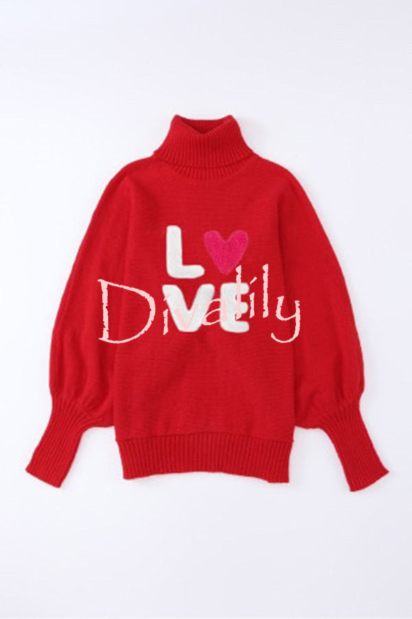 Happy Holidays Contrast Love Letter Turtle Neck Bat Sleeve Sweater