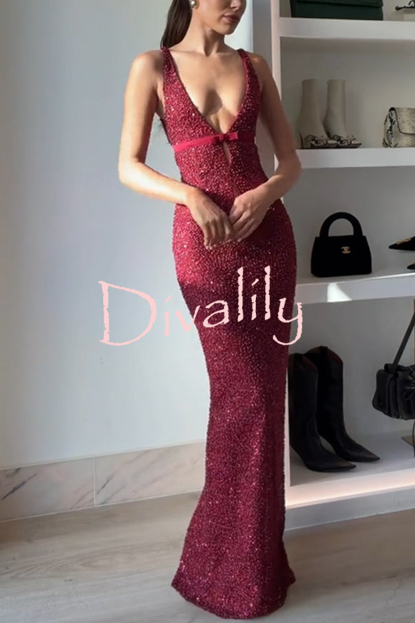 Festival Shines Sequin Beaded Mesh Bow Cutout Detail Slit Maxi Dress