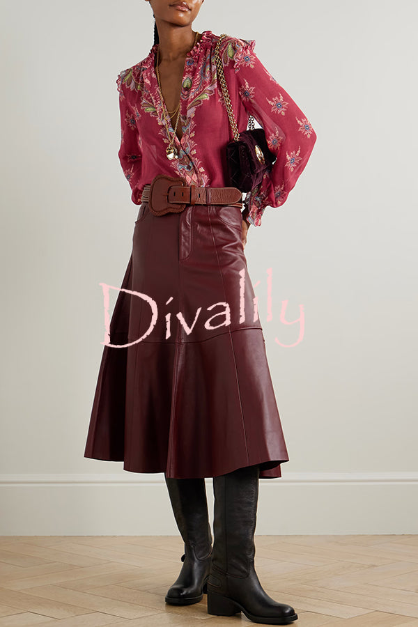 Unique Printed Chiffon Long-sleeved Loose Shirt and Elegant Ruffled Maxi Skirt Set