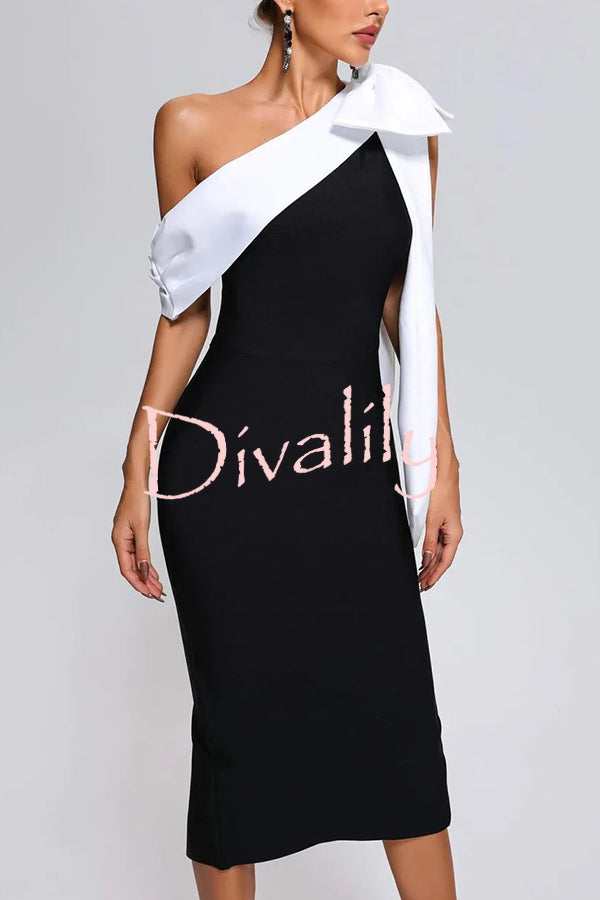 Elegant Evening Look One Shoulder Bandage Bow Stretch Midi Dress