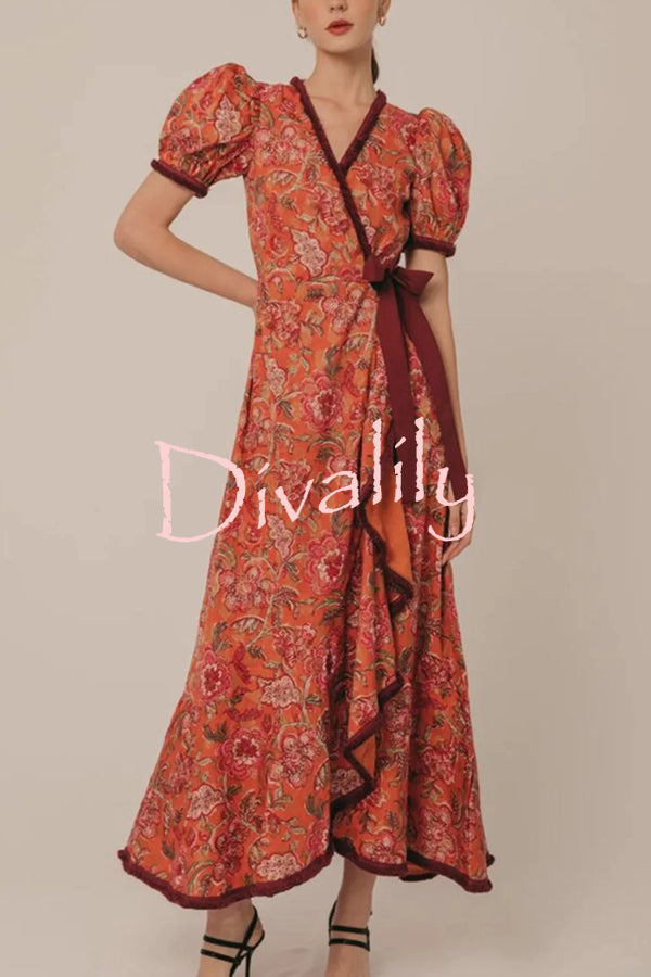 Bohemian Floral Print Elegant Puff Sleeve Holiday Maxi Dress