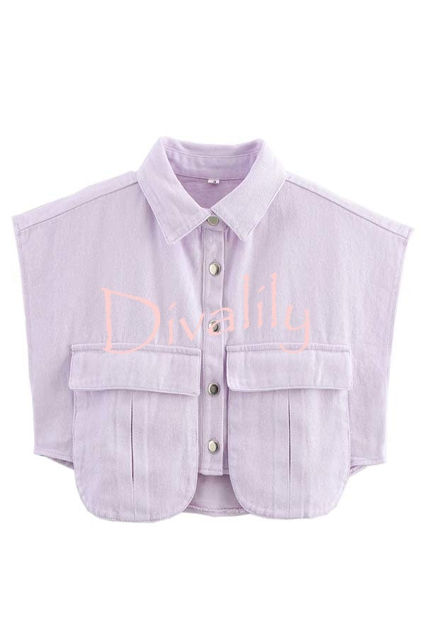 Stylish Weekend Denim Button Up Cape Sleeve Pocket Crop Top