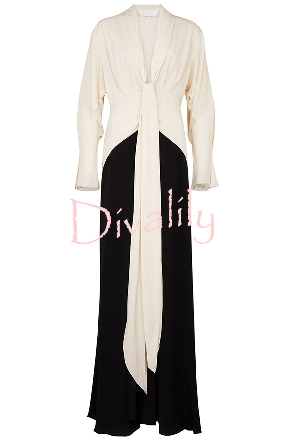 Fashion Contrast Color V-neck Tie High Waist Drape Maxi Dress