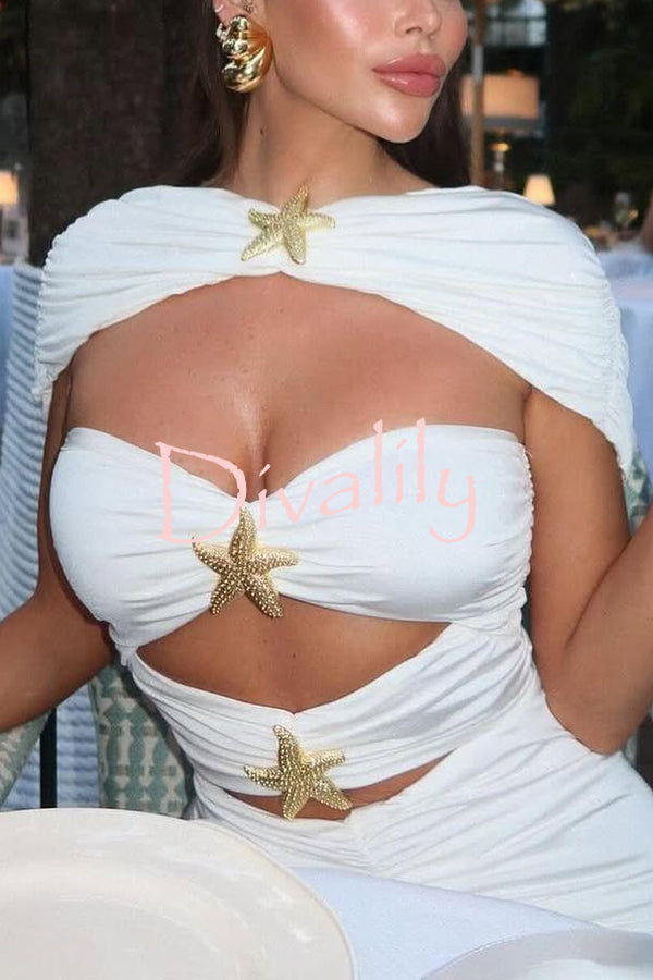 Solid Starfish Decoration Shawl and Cutout Stretch One-Piece Swimsuit