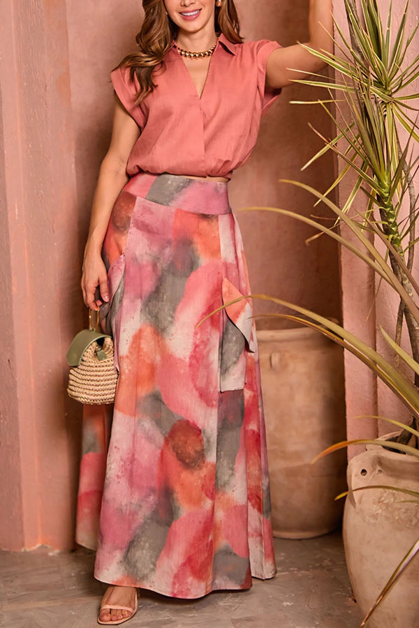 Laylin Wide Sleeve Shirt and Watercolor Print High Waist Drape Pocket Maxi Skirt Set