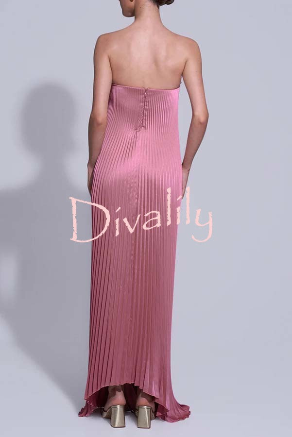 Darling Moment Satin Fabric Off Shoulder V-neck Asymmetric Hem A-line Maxi Dress