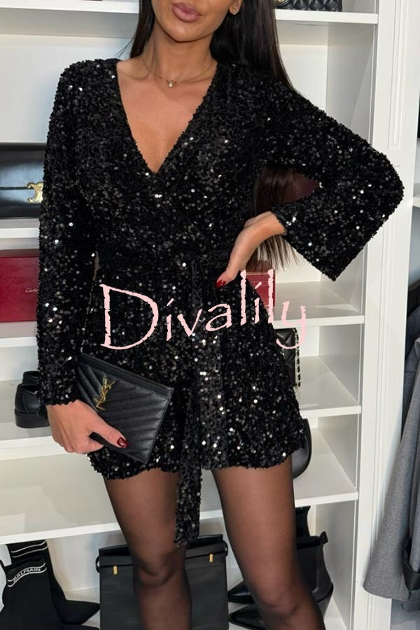 Dancing Queen Sequin Long Bell Sleeve Elastic Waist Tie-up Loose Romper