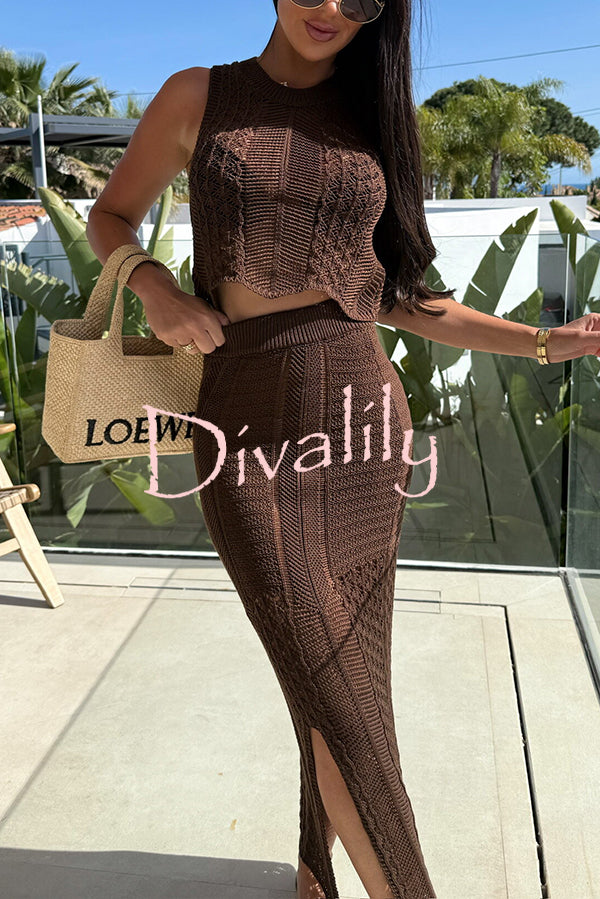 Solid Color Sleeveless Hollow Knit Crop Top and Elastic Slit Slim Midi Skirt Set