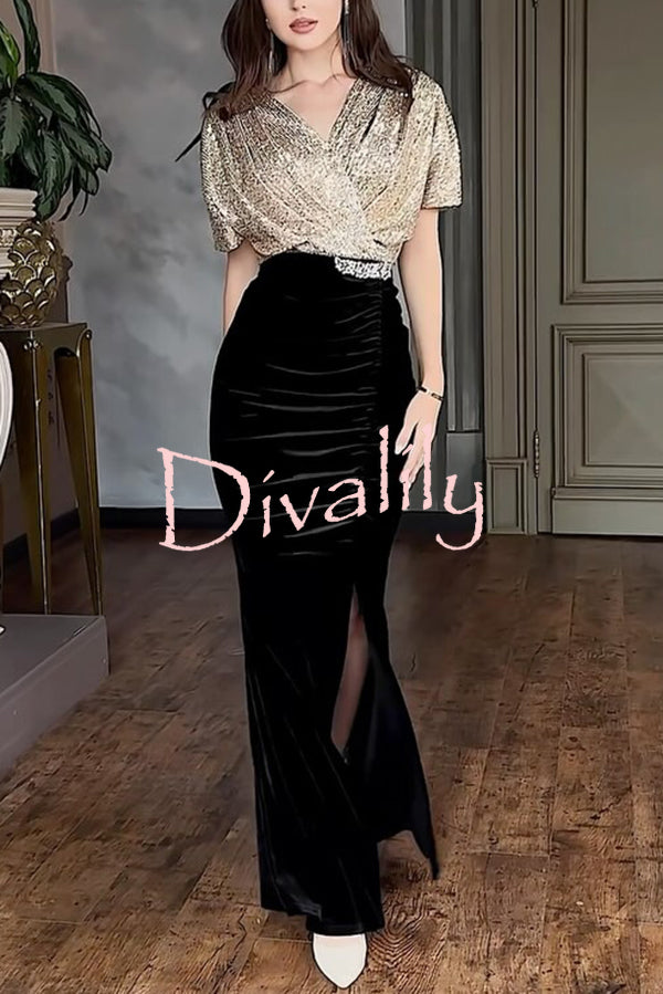 Elegant V-neck Sequined Velvet Stitching Sexy Slit Maxi Dress