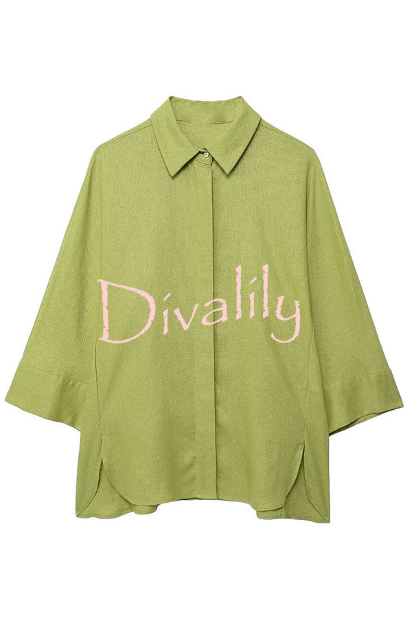 Solid Color Loose Casual Shirt and Elastic Waist Pocket Wide Leg Pants Set